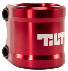 Collier Tilt Arc double clamp monté sur une trottinette freestyle, finition anodisée, vis M8 apparentes, installé sur une barre oversized.