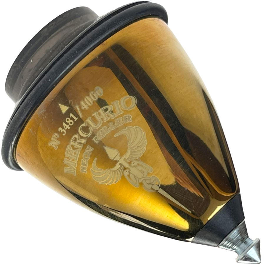 Une toupie de compétition, en acier inoxydable, de la marque Trompos Space : La toupie Mercurio Roller Gold
