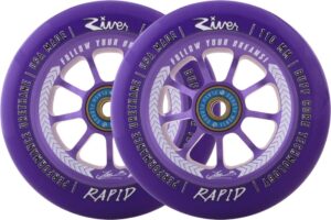 River_Rapid_Signature_Roues_Trottinette_Freestyle_Pack_de_2_Couleur-_Jordan_Clark1 Roue trottinette River Jordan Clark 110 mm avec noyau alu anodisé, gomme 86A et roulements Flash Flood inclus. Idéale en park et street.