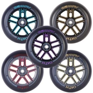 aa419c4c-1def-44d0-ba3a-ced5b3c719f4 Paire de roues Oath Binary 115x30 mm avec noyau creux en aluminium, gomme 88A et roulements inclus pour trottinette freestyle