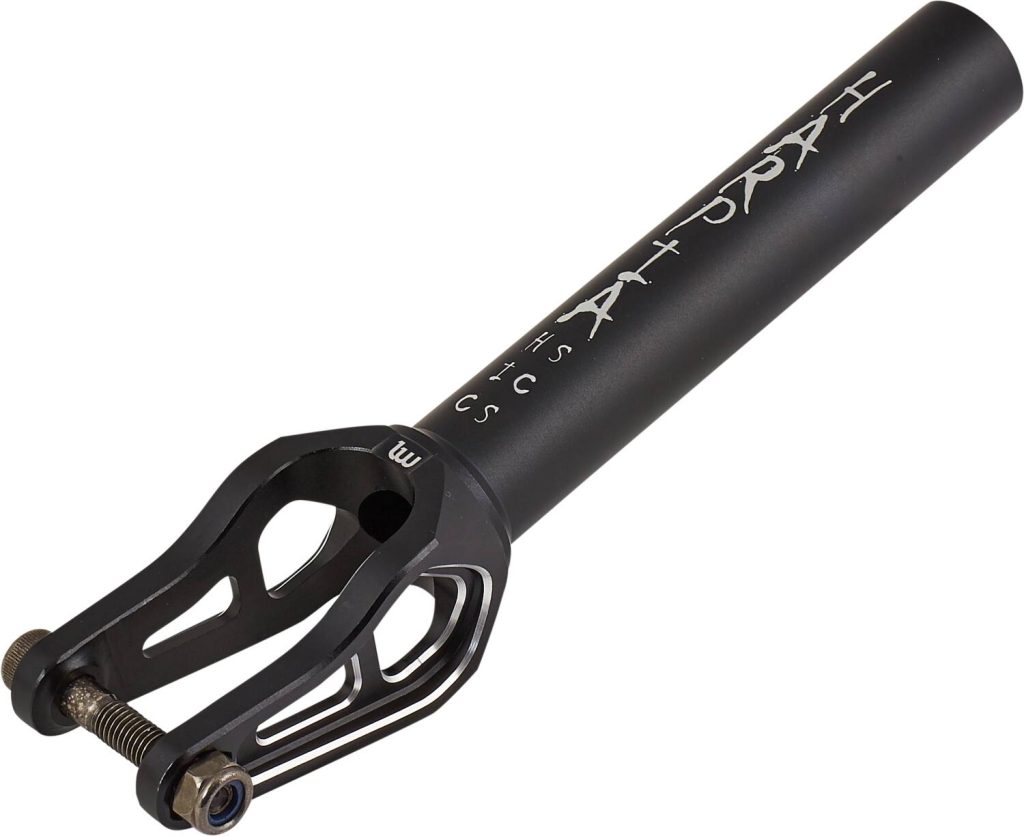 Fourche Longway Harpia en aluminium 6061 T6, compatible IHC, avec axe inclus. Pour trottinettes freestyle équipées de roues jusqu’à 125 mm.