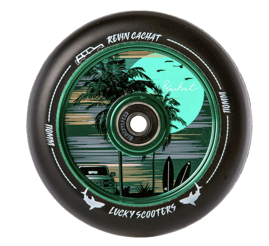 Roue trottinette freestyle Lucky 110mm Revin Cachat, gomme 86A, noyau creux alu, idéale skatepark.